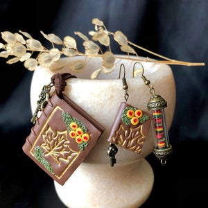 Book of herbology spells/Wiccan, Pagan jewelry/Handmade pendant and earrings/Gift for witches, wizards, bookworms/Enchanted jewelry