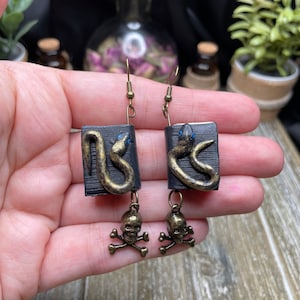 Dark spell book earrings/Wiccan and Pagan jewelry/Gothic earrings with a snake figure and skull/Handmade gift for witches,wizards, bookworms