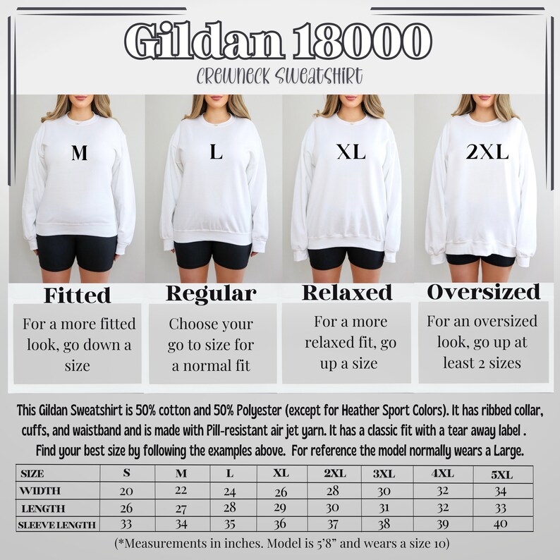 Puede incluir: Tabla de tallas para sudaderas con cuello redondo Gildan 18000. La tabla muestra el ancho, la longitud y la longitud de la manga en pulgadas para las tallas S a 5XL. La tabla tambi&eacute;n incluye descripciones del ajuste para cada talla: ajustado, regular, holgado y de gran tama&ntilde;o.