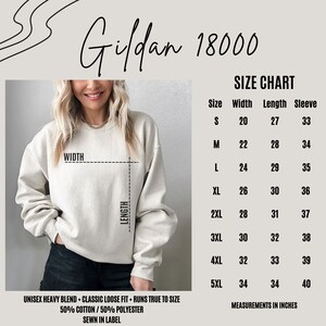 Puede incluir: Tabla de tallas para una sudadera unisex Gildan 18000. La tabla muestra las medidas en pulgadas para el ancho, la longitud y la longitud de la manga para las tallas S a 5XL. La tabla est&aacute; impresa en un fondo blanco con texto negro.