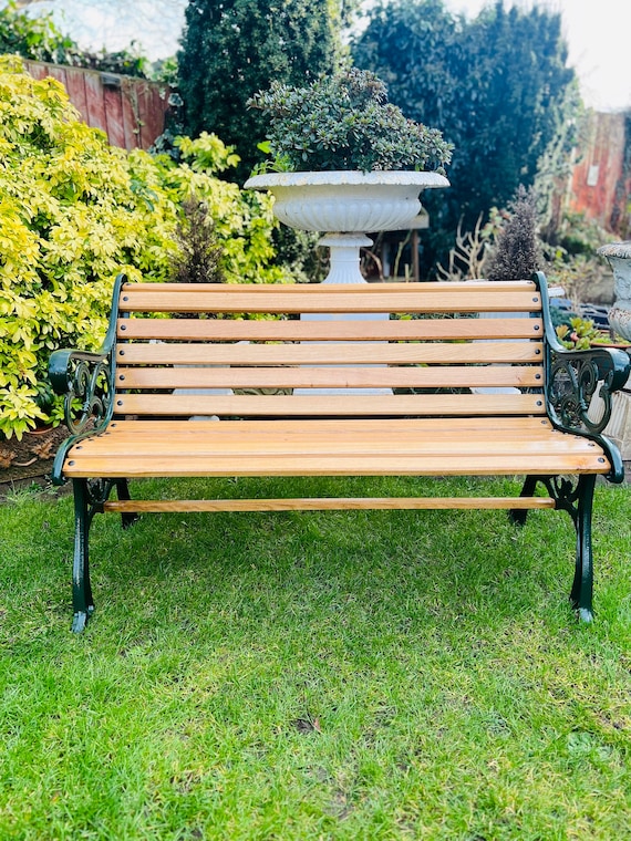 Fully Restored Cast Iron Garden Bench With Oiled Oak Slats Vintage Green Etsy