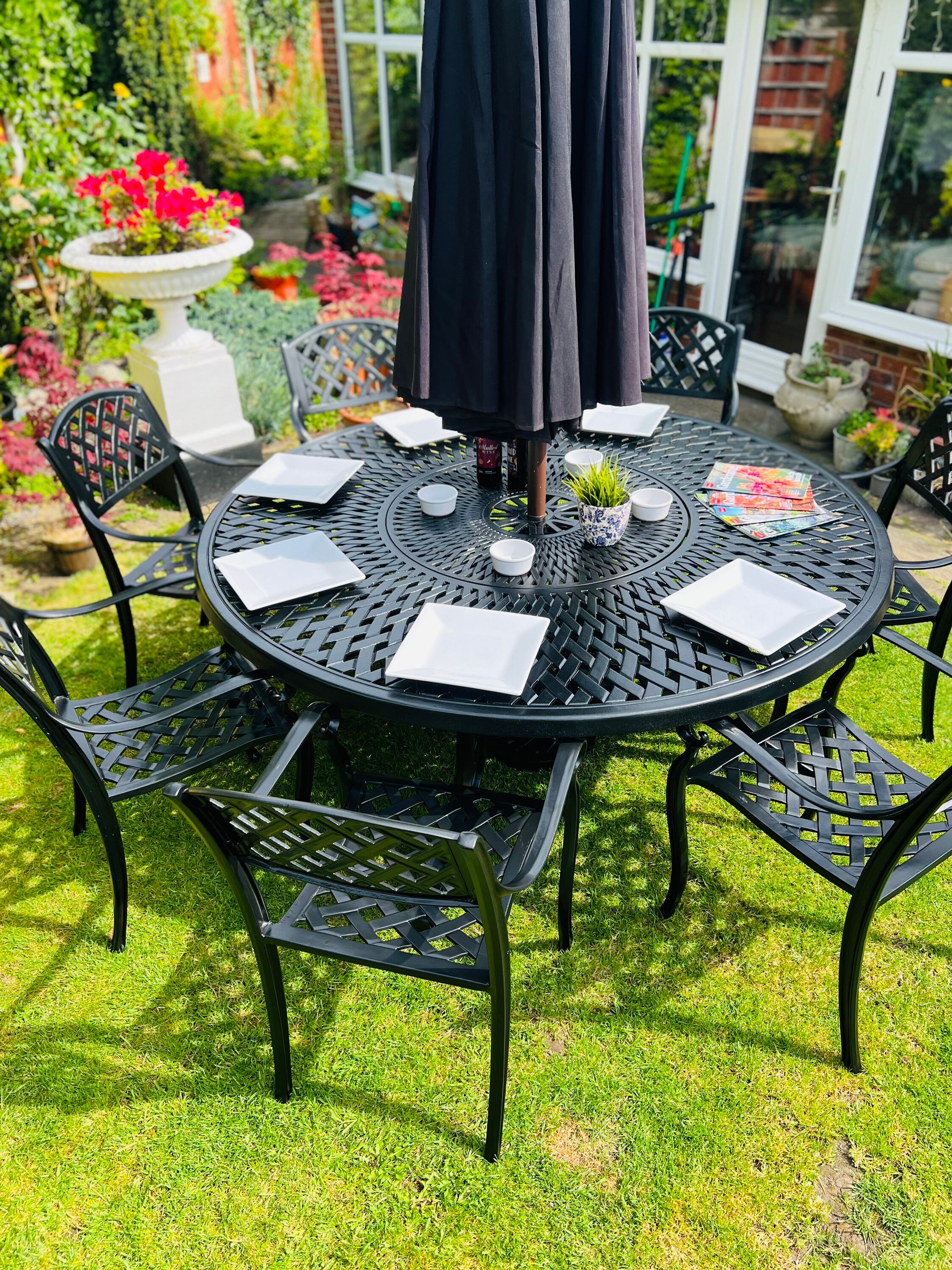 Cast aluminum patio table with lazy susan sale