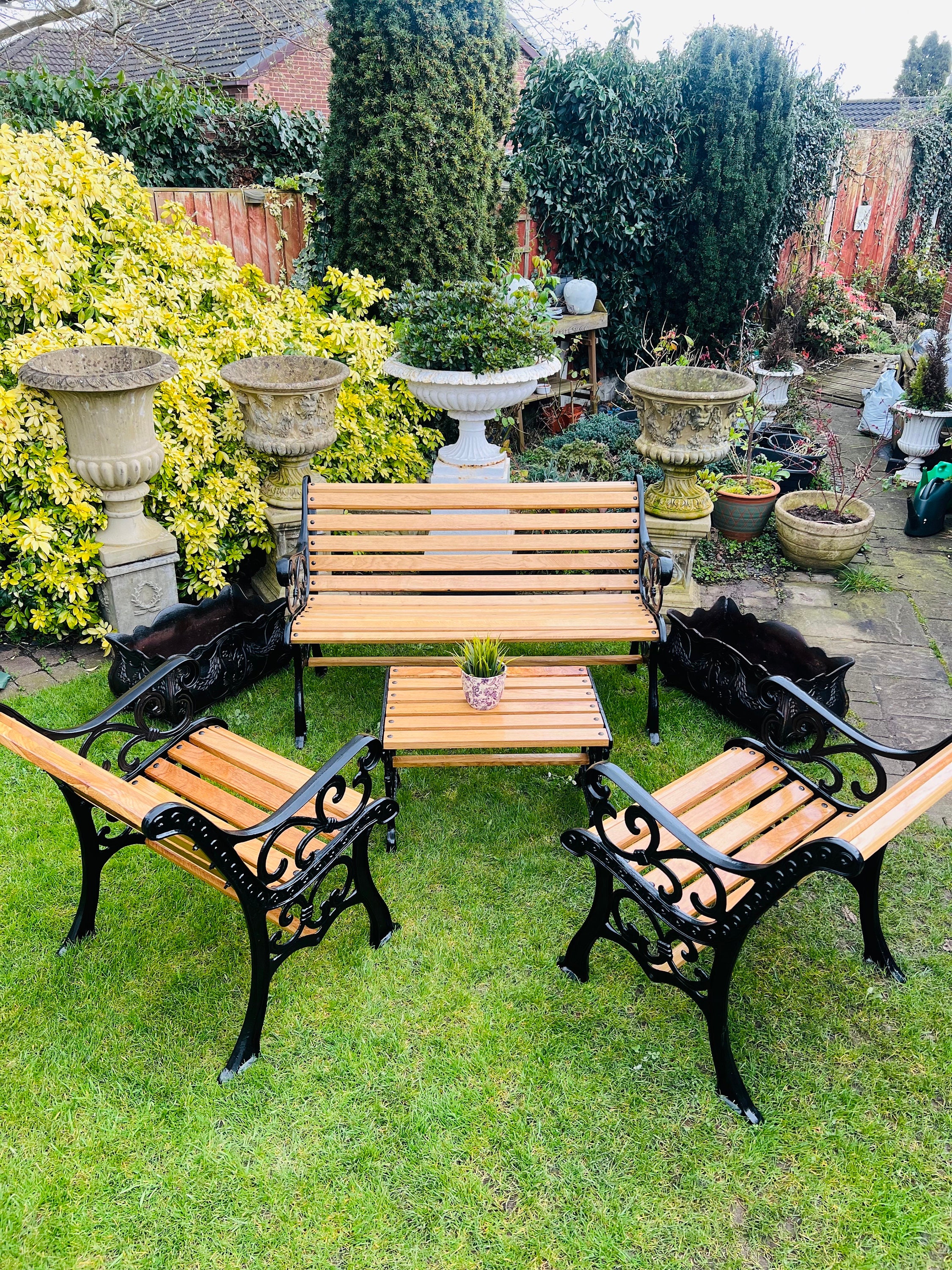 Garden Furniture Bench, Two Chairs and Table, Cast Iron and Oak - Etsy