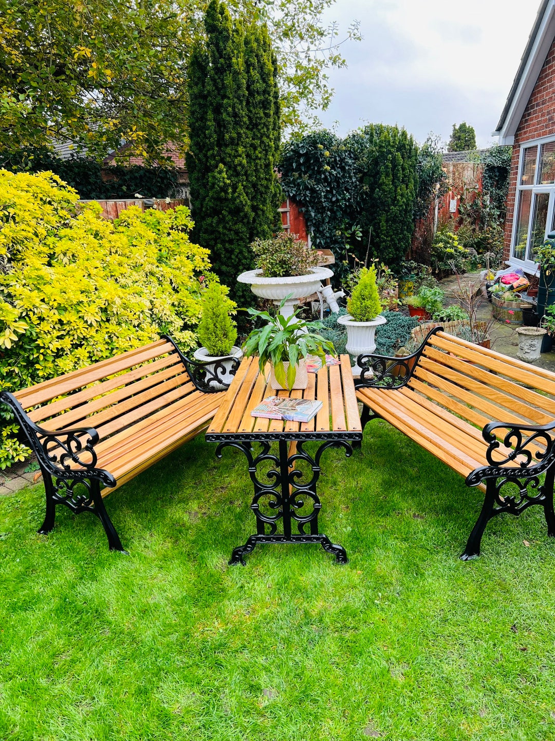 Garden Bench Patio Set 2 Benches and Dining Table Cast Iron Etsy UK