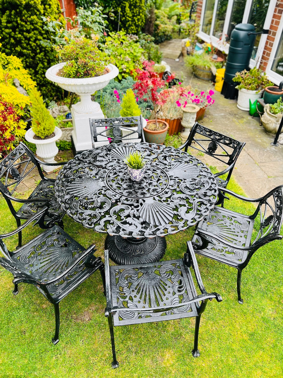Victorian Cast Iron Patio Set: Dolphin Carver Chairs, Scallop