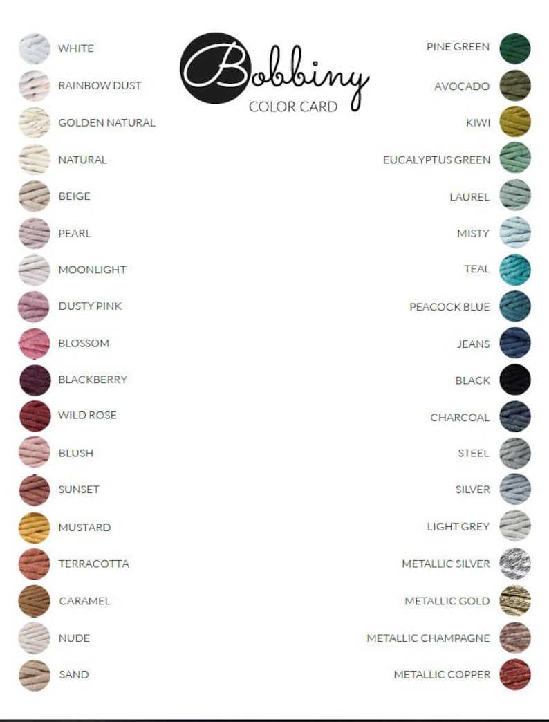 May include: Color card showing 30 different colors of yarn with names for each color. The yarn is wound into small balls and arranged in two columns. The card is titled "Bobbiny Color Card".