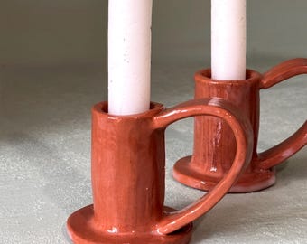 Terracotta Ceramic Candle Holder with Handle | Handmade Rustic Taper Candlestick | Cozy Minimalist Home Decor