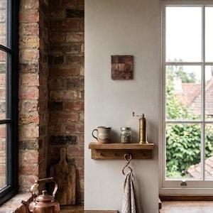 May include: A wooden wall shelf with three hooks, holding a ceramic mug, a glass jar, and a brass pepper mill. A textured brown square wall art piece hangs above the shelf, while a copper kettle and wooden cutting board sit nearby.