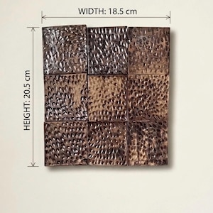 May include: A square grid of nine dark brown tiles with a hammered, textured surface. The tiles are arranged in a three-by-three pattern. The overall dimensions are indicated as 18.5 cm in width and 20.5 cm in height, as shown by the measurement lines.