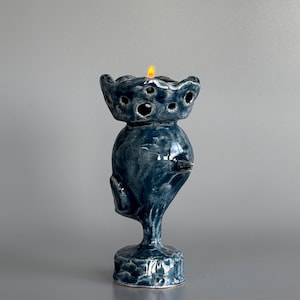 Ceramic Bird Candle Holder with Crown, Blue Pottery Candlestick, Handmade Speckled Tea Light Holder, Unique Sculptural Votive