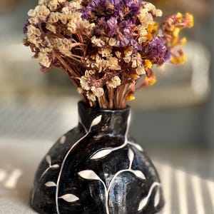 Handmade Black Ceramic Vase with White Leaf Pattern | Modern Minimalist Home Decor | Boho Rustic Dried Flower Vase