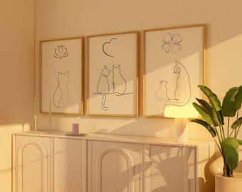 Minimalist Black Cat Wall Art – Set of 3 Printable Posters, Mindfulness, Love & Fulfillment