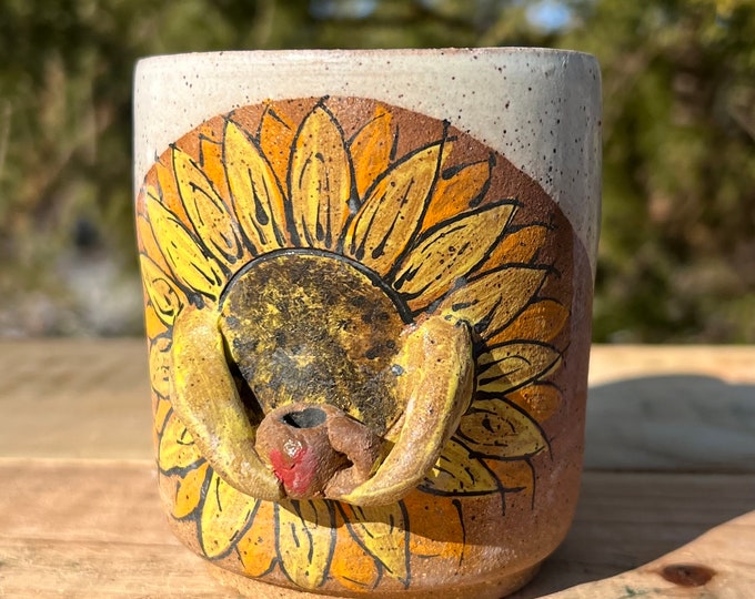 Handmade ceramic sculptural sunflower coffee mug