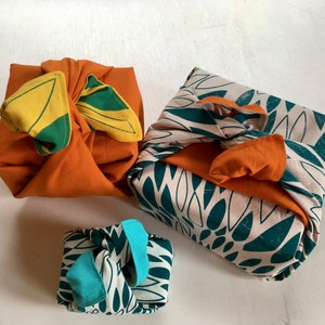 Heirloom 2 Furoshiki reusable fabric giftwrap, Made in Lutruwita Tasmania Green prnt on ivory