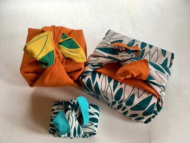 Heirloom 2 Furoshiki reusable fabric giftwrap, Made in Lutruwita Tasmania Green prnt on ivory