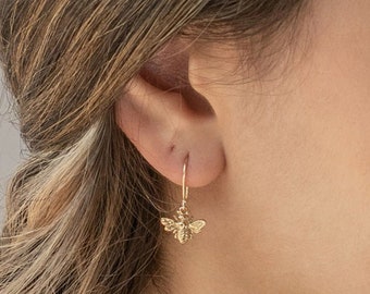Bee Earrings • Dangle Earrings • Gold Earrings • 14k Gold Earrings, Honey Bee, Statement Earrings, Boho Earrings, Sister Gift, Drop Earrings