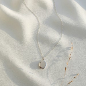 Pu&ograve; includere: Una collana con un medaglione ovale argentato su uno sfondo di tessuto bianco. Il medaglione liscio e riflettente &egrave; sospeso a una delicata catena. Un filo d'erba secca aggiunge un tocco naturale. La collana &egrave; un gioiello.