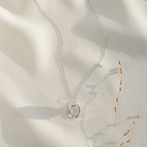 Pu&ograve; includere: Una collana d'argento con un piccolo ciondolo rotondo. Il ciondolo ha una parte anteriore trasparente, che rivela un fiore secco all'interno. La collana &egrave; appoggiata su un tessuto bianco strutturato, con un filo d'erba secca sullo sfondo.