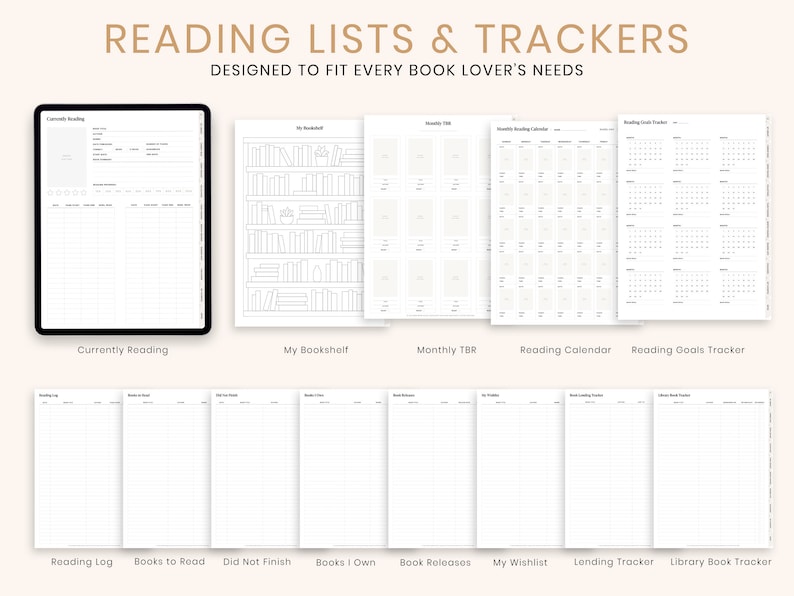 May include: Digital reading lists and trackers with various layouts, including "Currently Reading," "My Bookshelf," and "Reading Goals Tracker." The text "READING LISTS & TRACKERS" and "DESIGNED TO FIT EVERY BOOK LOVER'S NEEDS" are displayed at the top.