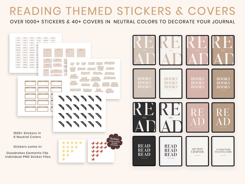 May include: Digital reading-themed stickers and covers in neutral colors for journal decoration. The image shows various sticker designs, including labels, calendars, and decorative elements, along with digital covers. The text reads "READING THEMED STICKERS & COVERS".