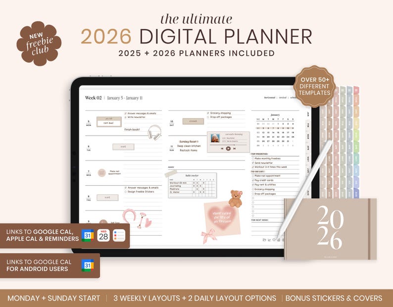 2026 Digital Planner, 2026 Landscape Planner, 2026 Planner, 2026 Dated Planner, Hyperlinked Digital Life Planner, GoodNotes 2026 Planner afbeelding 1