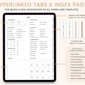 May include: Digital planner with a white background, featuring a detailed index page and hyperlinked tabs for easy navigation. Includes sections for reading goals, trackers, and notes. The text "HYPERLINKED TABS & INDEX PAGE" is at the top.