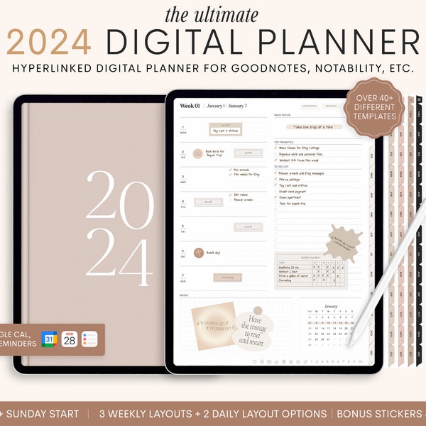 2024 Digital Planner, 2024 Portrait Planner, 2024 Planner, 2024 Dated Planner, Hyperlinked Digital Life Planner, GoodNotes 2024 Planner iPad