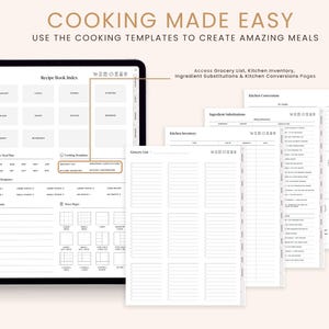 May include: A digital planner with a black and white design. The planner includes sections for a recipe book index, monthly meal plan, cooking templates, grocery list, kitchen inventory, ingredient substitutions, and kitchen conversions.