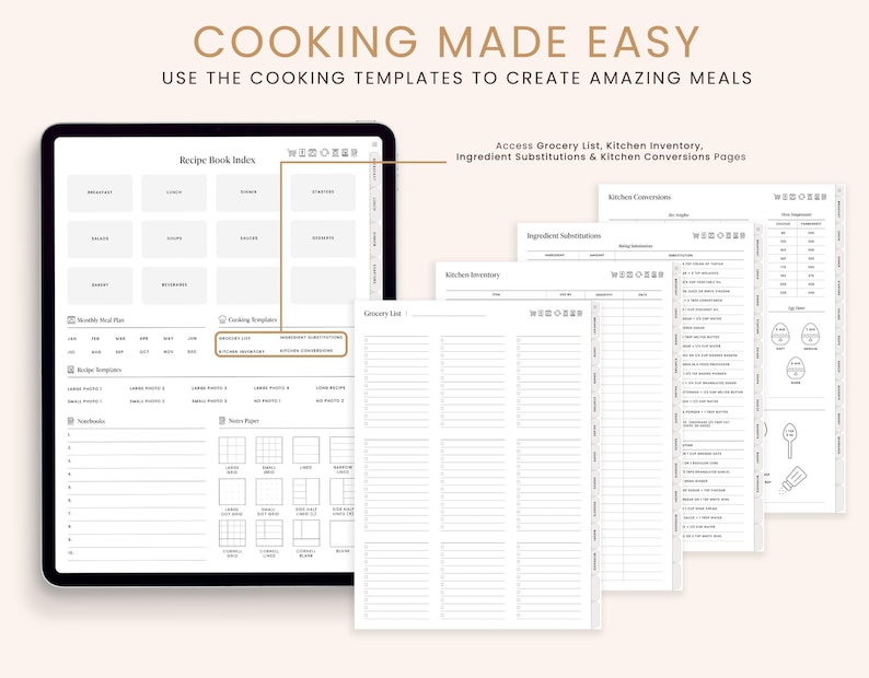 May include: A digital planner with a black and white design. The planner includes sections for a recipe book index, monthly meal plan, cooking templates, grocery list, kitchen inventory, ingredient substitutions, and kitchen conversions.