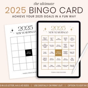 Tarjeta de bingo de tablero de visión 2025, bingo de año nuevo, tarjeta de bingo imprimible 2025, objetivos de manifestación de resoluciones de año nuevo, plantilla Canva