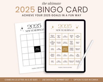 Scheda bingo Vision Board 2025, Bingo di Capodanno, Scheda stampabile del bingo 2025, Obiettivi di manifestazione dei buoni propositi per il nuovo anno, Modello Canva