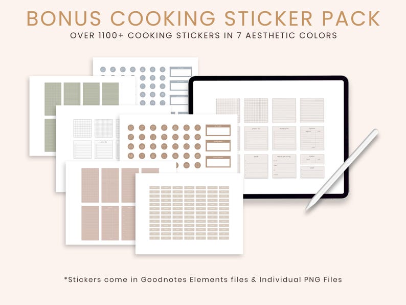 May include: A digital planner screen with a set of printable cooking stickers. The stickers are in seven different colors and include various shapes and designs. The text on the screen reads "BONUS COOKING STICKER PACK OVER 1100+ COOKING STICKERS IN 7 AESTHETIC COLORS".