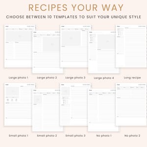 May include: Ten different recipe templates with options for large and small photos, or no photo at all.  The templates include space for the recipe title, ingredients, instructions, and notes.