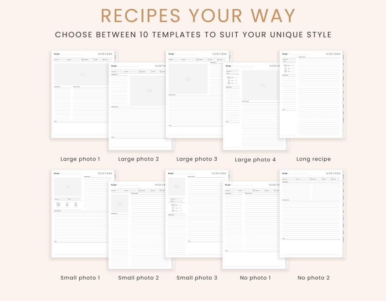 May include: Ten different recipe templates with options for large and small photos, or no photo at all.  The templates include space for the recipe title, ingredients, instructions, and notes.