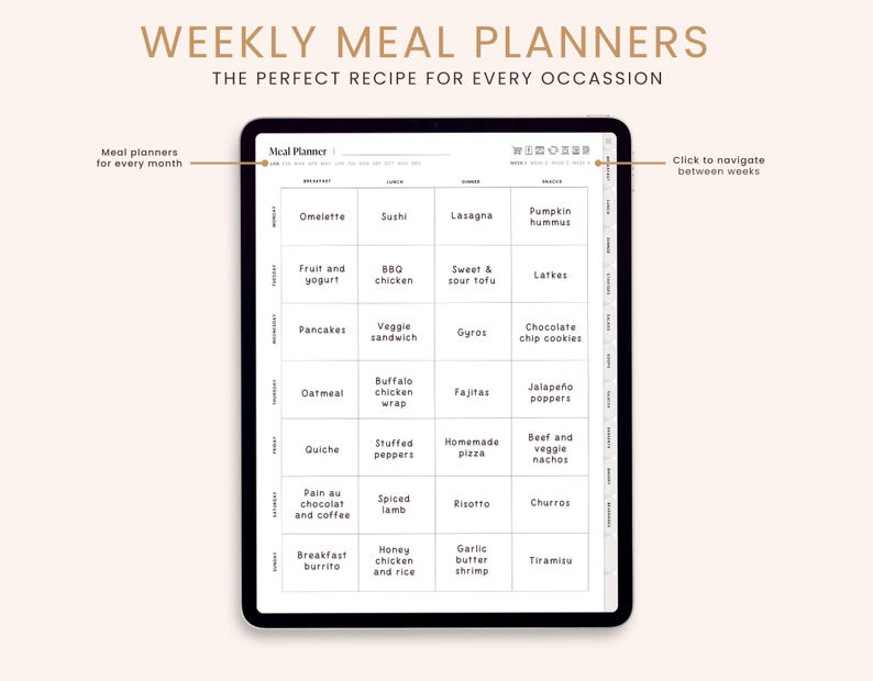 May include: A digital weekly meal planner on a tablet screen. The planner is divided into seven days of the week and includes a variety of meal ideas, such as omelets, sushi, lasagna, pumpkin hummus, fruit and yogurt, BBQ chicken, sweet and sour tofu, latkes, pancakes, veggie sandwich, gyros, chocolate chip cookies, oatmeal, buffalo chicken wrap, fajitas, jalape&ntilde;o poppers, quiche, stuffed peppers, homemade pizza, beef and veggie nachos, pain au chocolat and coffee, spiced lamb, risotto, churros, breakfast burrito, honey chicken and rice, garlic butter shrimp, and tiramisu.