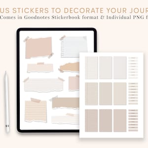 Puede incluir: La pantalla de una tableta digital muestra un conjunto de pegatinas digitales para usar en un diario digital. Las pegatinas incluyen varios estilos de papel rayado, papel cuadriculado y etiquetas en blanco. El texto "BONUS STICKERS TO DECORATE YOUR JOURNAL" se muestra en la parte superior de la imagen. El texto "Comes in Goodnotes Stickerbook format & Individual PNG files" se muestra debajo de la primera l&iacute;nea de texto.
