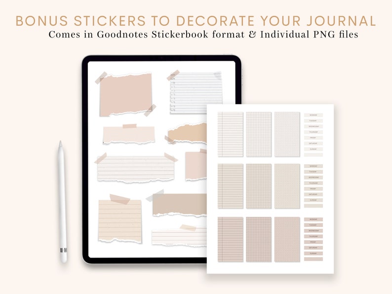 Puede incluir: La pantalla de una tableta digital muestra un conjunto de pegatinas digitales para usar en un diario digital. Las pegatinas incluyen varios estilos de papel rayado, papel cuadriculado y etiquetas en blanco. El texto "BONUS STICKERS TO DECORATE YOUR JOURNAL" se muestra en la parte superior de la imagen. El texto "Comes in Goodnotes Stickerbook format & Individual PNG files" se muestra debajo de la primera l&iacute;nea de texto.