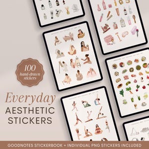 Op de afbeelding: Een set van 100 handgetekende digitale stickers voor Goodnotes. De stickers bevatten illustraties van alledaagse activiteiten, waaronder yoga, eten en zelfzorg. De stickers zijn in een minimalistische stijl met een neutraal kleurenpalet.