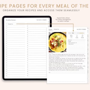 May include: A digital planner with a recipe page for an omelette. The recipe page includes a photo of the omelette, a list of ingredients, and step-by-step instructions. The planner has a tab labeled "Breakfast Recipes" and a list of recipes.
