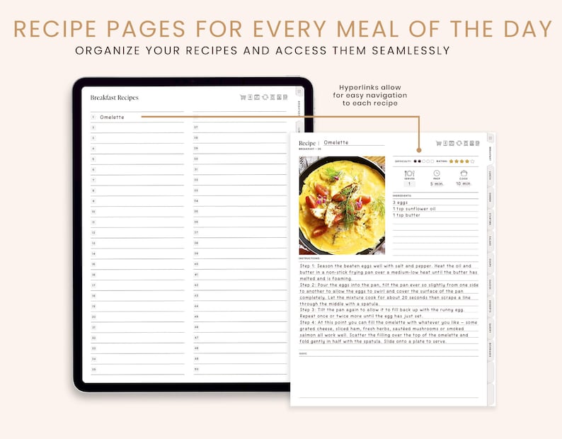 May include: A digital planner with a recipe page for an omelette. The recipe page includes a photo of the omelette, a list of ingredients, and step-by-step instructions. The planner has a tab labeled "Breakfast Recipes" and a list of recipes.