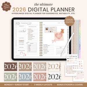 Op de afbeelding: Een digitale planner voor 2026, weergegeven op een tablet, met de tekst "2026 DIGITAL PLANNER". Inclusief verschillende sjablonen, stickers en covers. De planner heeft een spiraalbinding en een stylus. Het kleurenschema is neutraal met pastelaccenten.