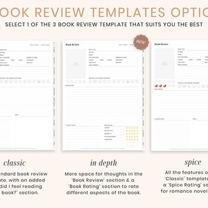 May include: Three book review template options are displayed, each with a different layout. The templates include sections for book title, author, rating, and notes. The text reads "classic", "in-depth", and "spice", with descriptions of each template's features.
