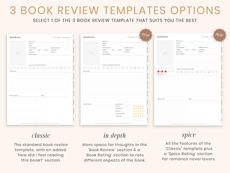 May include: Three book review template options are displayed, each with a different layout. The templates include sections for book title, author, rating, and notes. The text reads "classic", "in-depth", and "spice", with descriptions of each template's features.
