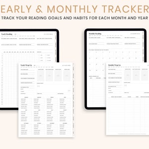 May include: Digital yearly and monthly reading trackers displayed on tablets. The trackers include sections for tracking reading goals and habits. The text at the top reads "YEARLY & MONTHLY TRACKERS" and "TRACK YOUR READING GOALS AND HABITS FOR EACH MONTH AND YEAR."