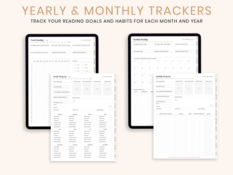 May include: Digital yearly and monthly reading trackers displayed on tablets. The trackers include sections for tracking reading goals and habits. The text at the top reads "YEARLY & MONTHLY TRACKERS" and "TRACK YOUR READING GOALS AND HABITS FOR EACH MONTH AND YEAR."