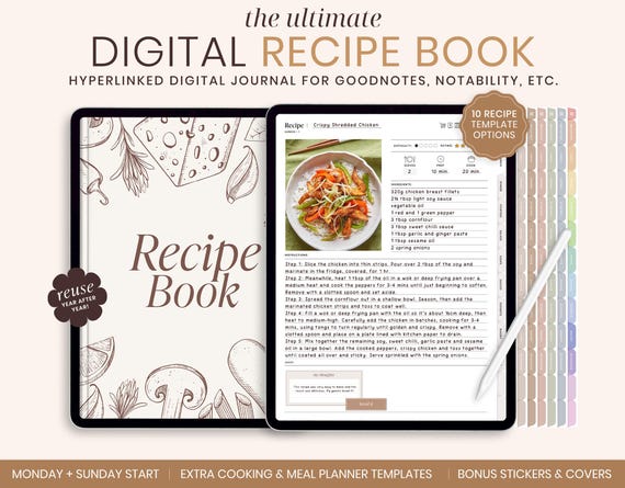 Digital Recipe Book, Digital Recipe Journal, Digital Cookbook, Recipe Planner, Digital Meal Planner, iPad Planner for Goodnotes, Notability
