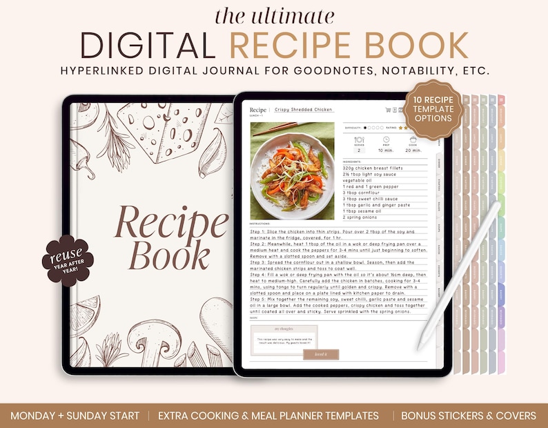 May include: A digital recipe book with a brown and white illustrated cover. The cover features a mushroom, a sprig of rosemary, and a piece of cheese. The book is open to a recipe for "Crispy Shredded Chicken" with a photo of the dish. The book has 10 recipe template options and is designed for use with Goodnotes and Notability.