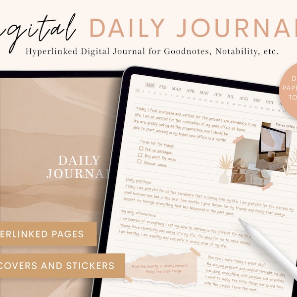 Journal quotidien numérique, 365 pages, journal numérique pour iPad, Goodnotes and Notability, journal avec liens hypertexte, journal numérique, journal neutre