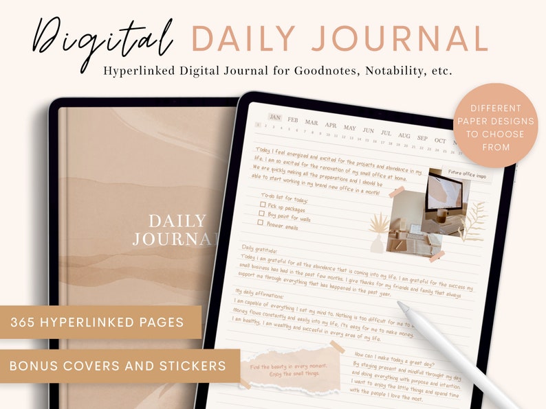 Puede incluir: Una aplicaci&oacute;n de diario digital diario con un fondo beige y una vista de calendario. La aplicaci&oacute;n incluye 365 p&aacute;ginas hipervinculadas, cubiertas adicionales y pegatinas. El texto "Digital Daily Journal" est&aacute; en la parte superior de la imagen. El texto "Hyperlinked Digital Journal for Goodnotes, Notability, etc." est&aacute; debajo del t&iacute;tulo. El texto "Different Paper Designs to Choose From" est&aacute; en la esquina superior derecha de la imagen.