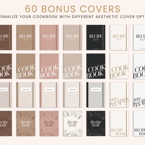 May include: Sixty different cover designs for a cookbook. The covers feature various colors and designs, including brown, beige, pink, black, white, and checkered patterns. The text on the covers includes "Recipe Book", "Cook Book", and "My Recipes".